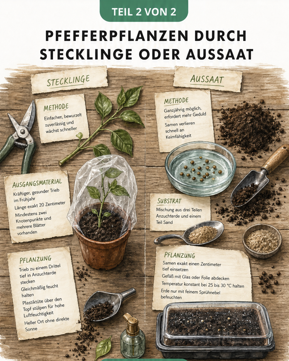 Illustration eines Pflanztisches mit Utensilien zur Vermehrung von Pfefferpflanzen durch Stecklinge und Aussaat