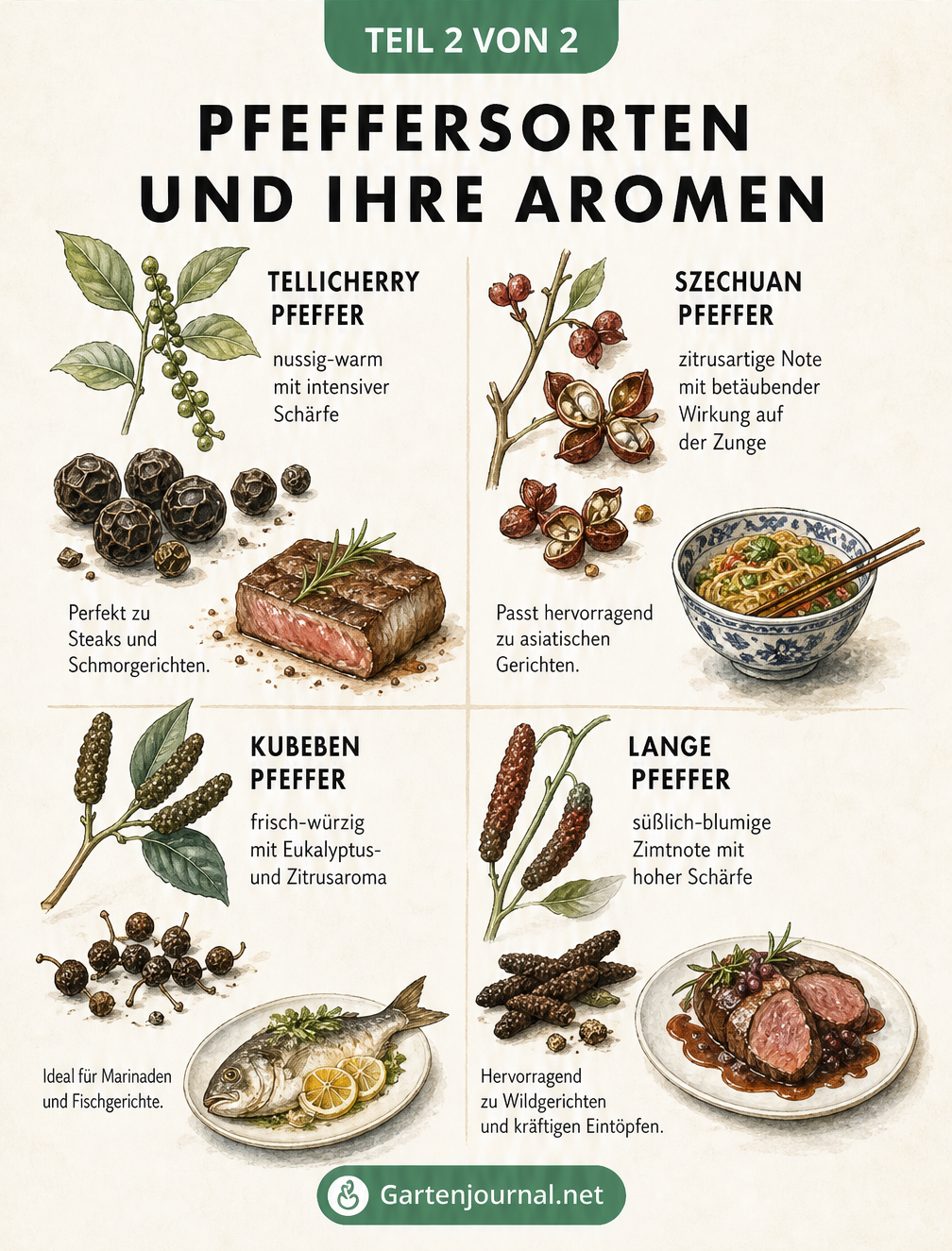 Botanische Illustration von vier Pfeffersorten: Tellicherry Pfeffer, Szechuan Pfeffer, Kubebenpfeffer und Langer Pfeffer mit Beschreibungen ihrer Aromen und...