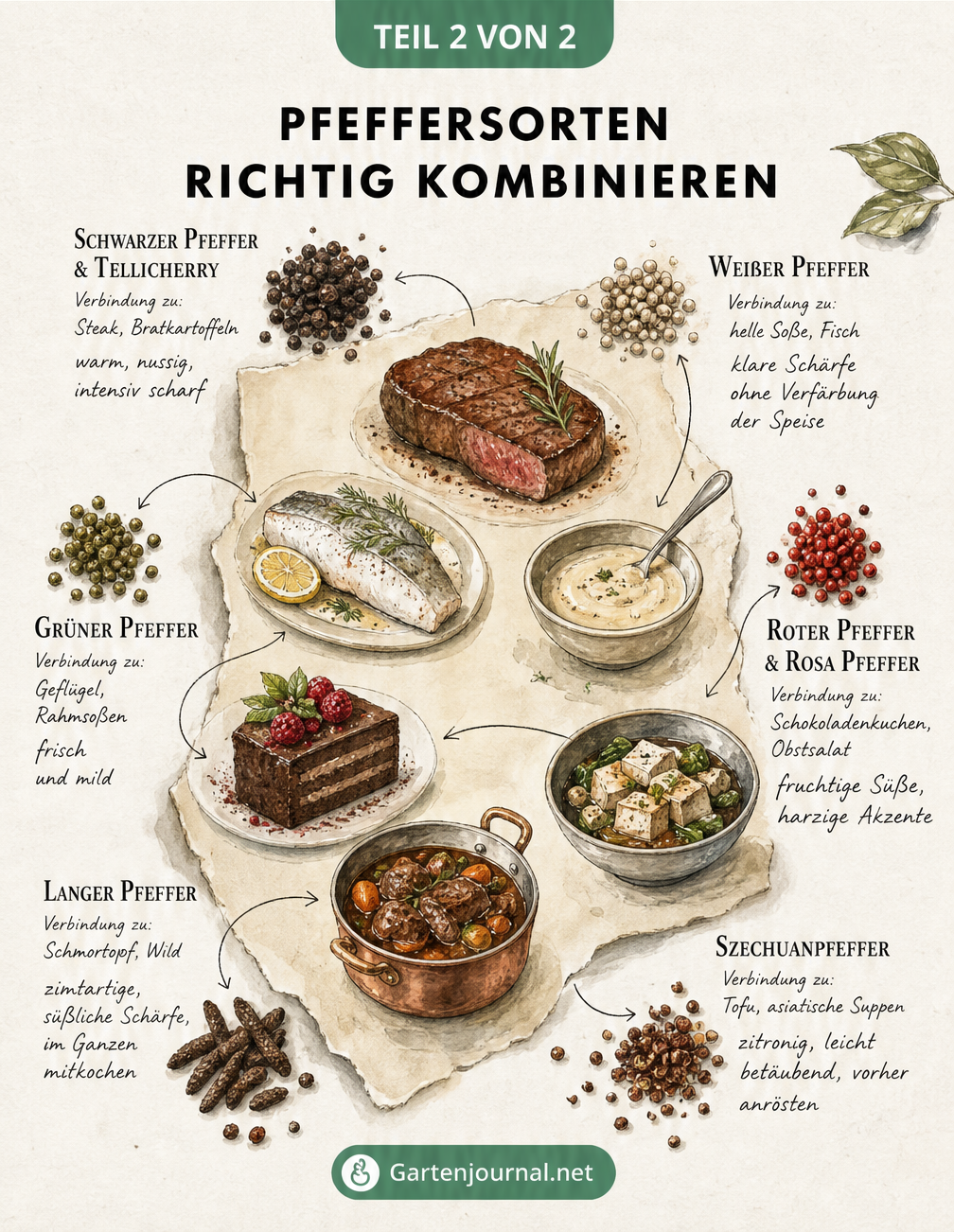 Illustration verschiedener Lebensmittel wie Steak, Fisch und Schokoladenkuchen, kombiniert mit passenden Pfeffersorten wie schwarzem, weißem und rotem Pfeffer