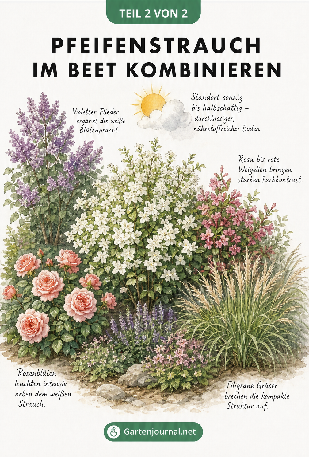 Gartenarchitektur-Skizze eines Beetes mit weißem Pfeifenstrauch, Flieder, Weigelie, Rosen und Ziergräsern