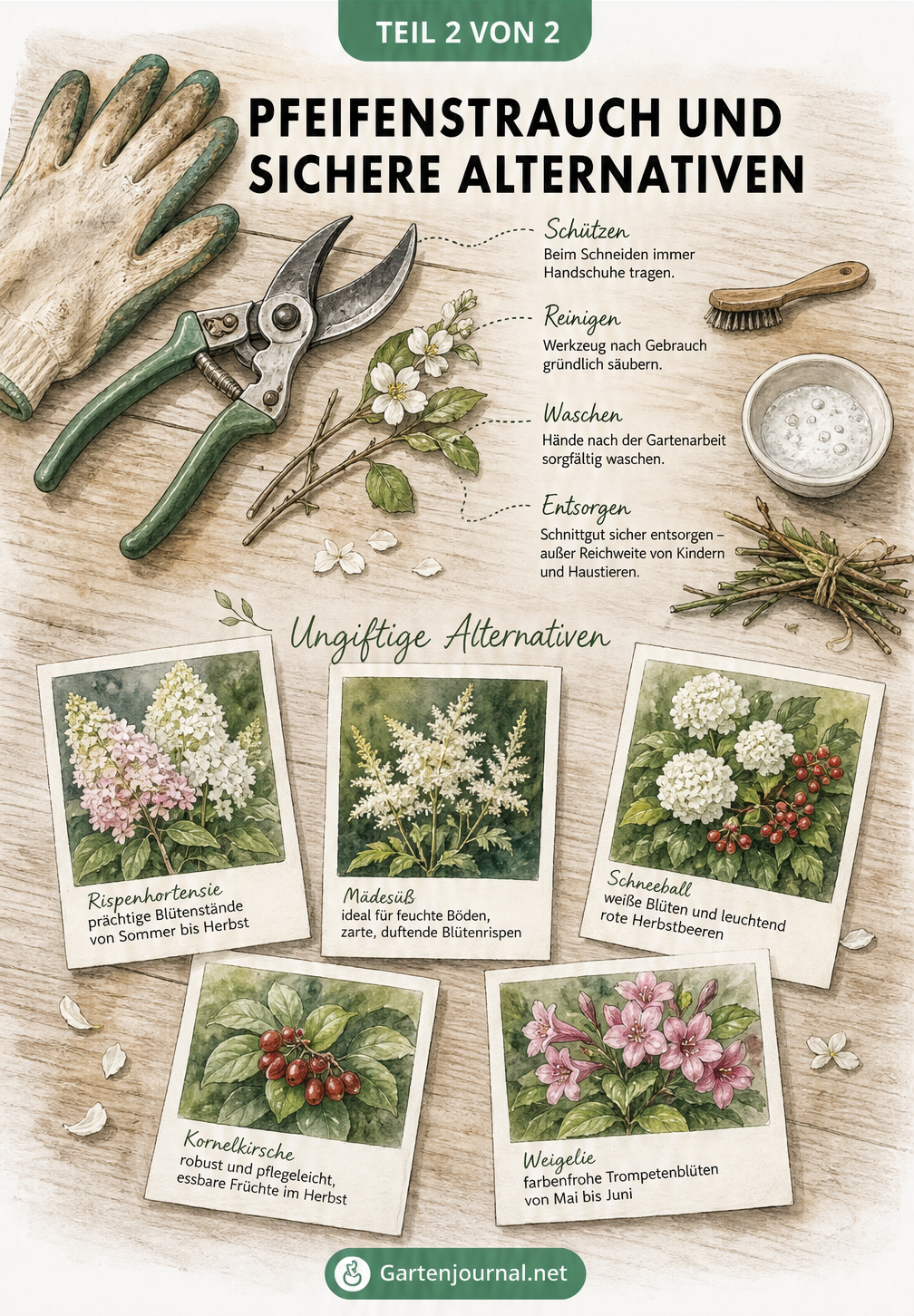 Illustration eines Pflanztisches mit Gartenhandschuhen, Gartenschere und fünf ungiftigen Alternativen zum Pfeifenstrauch wie Rispenhortensie und Weigelie.