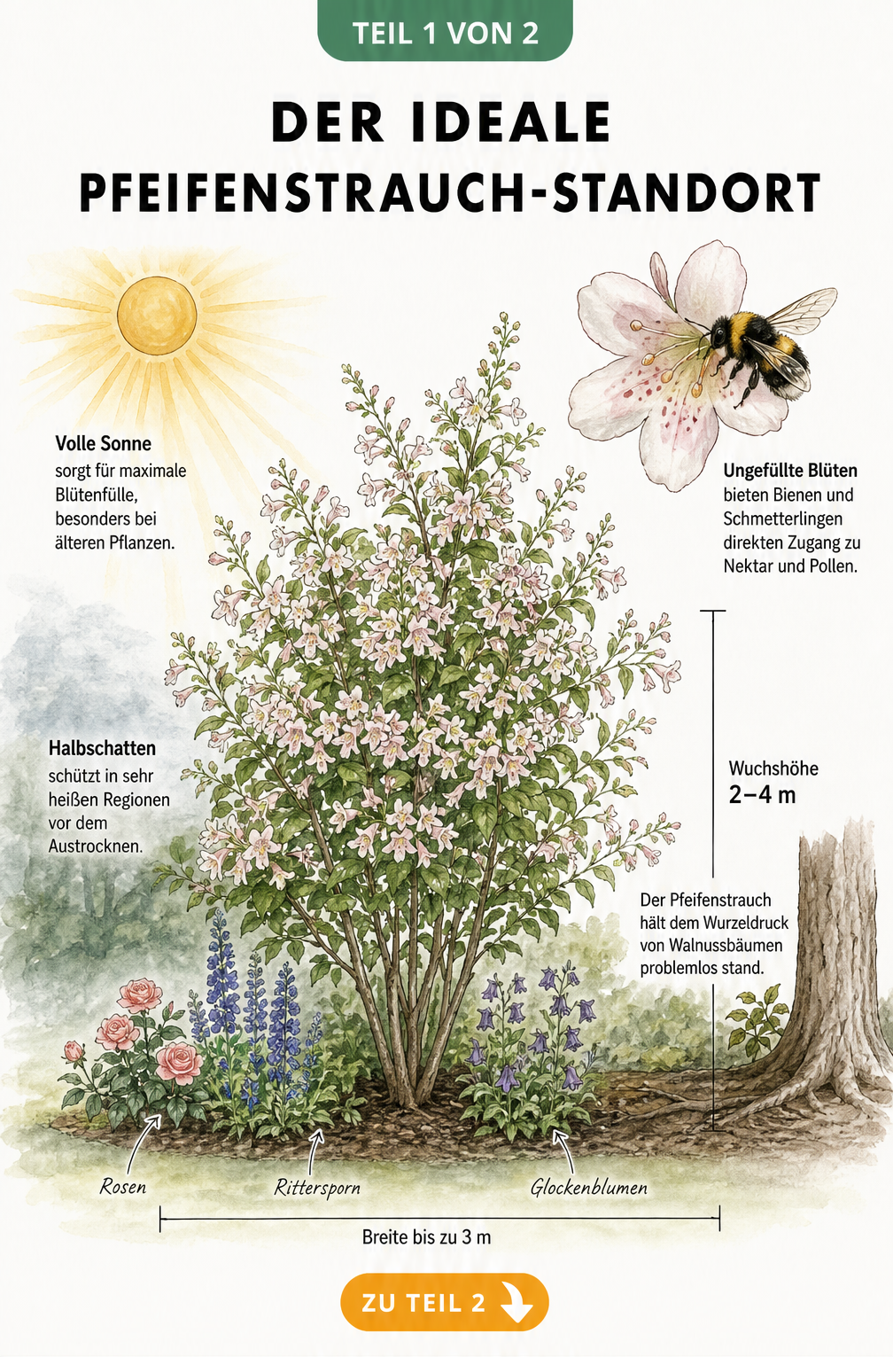Botanische Illustration eines Pfeifenstrauchs mit Visualisierung von Sonne, Halbschatten, Wuchshöhe und Begleitpflanzen