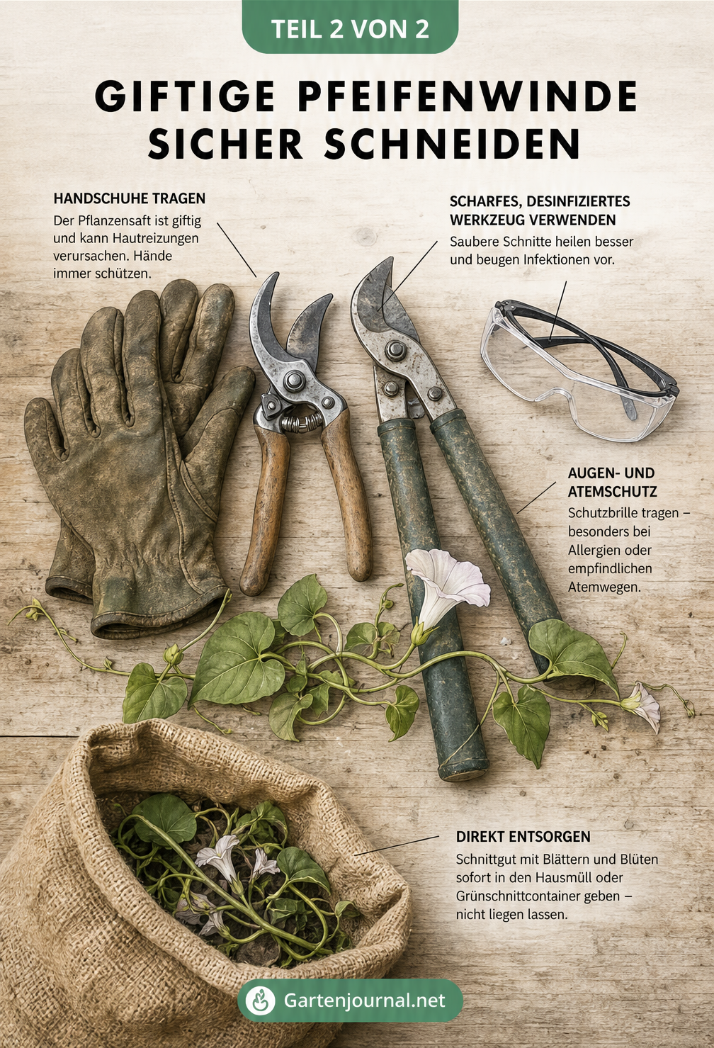 Gartenschere, Astschere, Lederhandschuhe und Schutzbrille neben einer Pfeifenwinden-Ranke