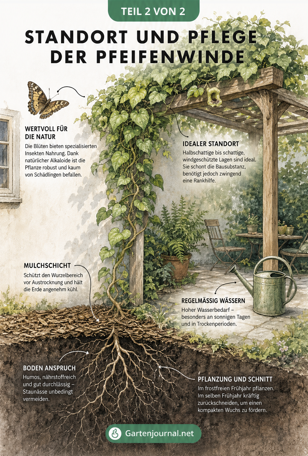 Querschnitt-Skizze einer Hauswand mit Pergola, die den idealen Standort und die Pflege der Pfeifenwinde zeigt
