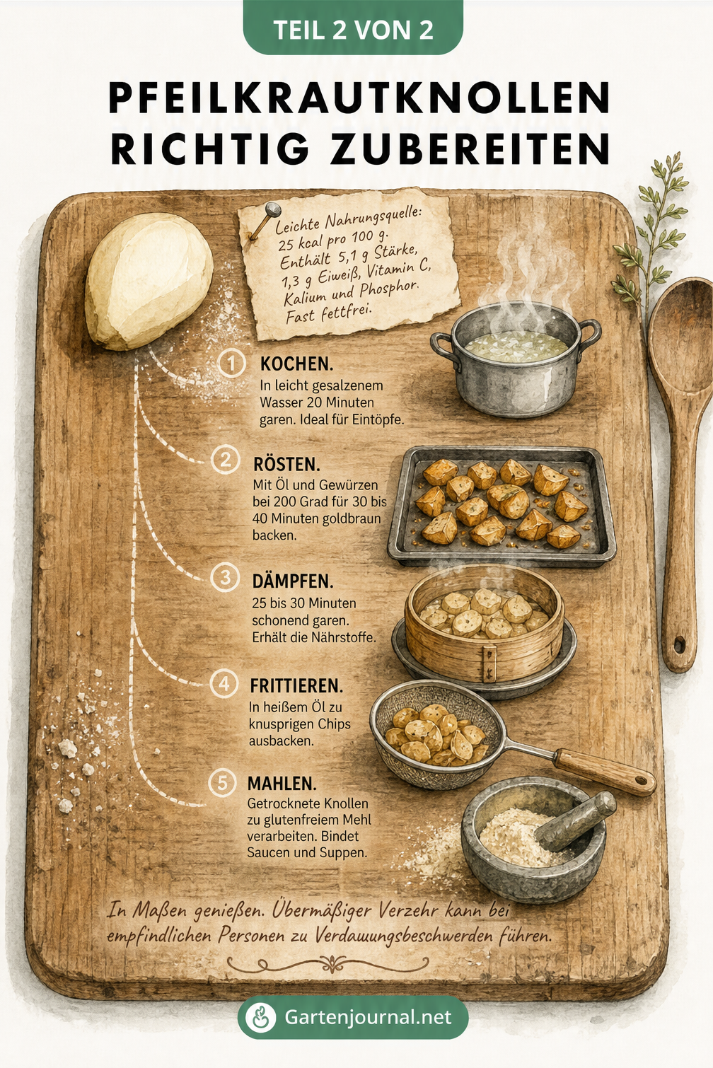 Illustration eines Schneidebretts mit Zubereitungsarten für Pfeilkrautknollen wie Kochen, Rösten und Frittieren