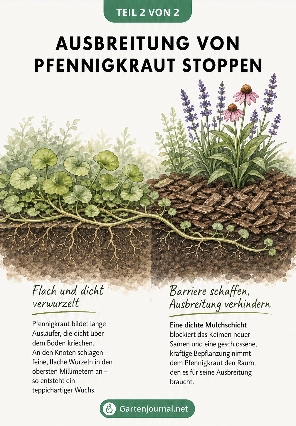 Illustration: Ausbreitung von Pfennigkraut stoppen durch Rindenmulch und dichte Bepflanzung