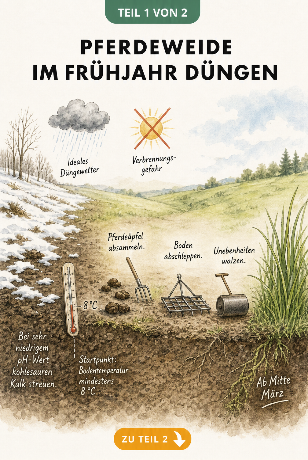 Illustration der Pferdeweide im Frühjahr mit Bodenthermometer, Regenwolke und Ackergeräten