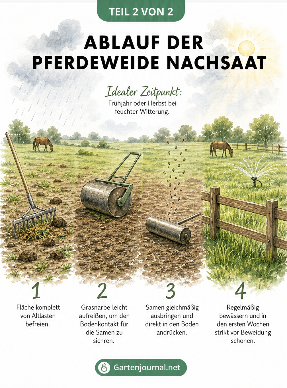Aquarell-Landschaftspanorama, das die vier Phasen der Pferdeweide-Nachsaat zeigt