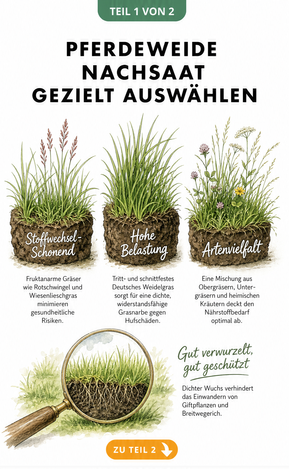 Botanische Illustration von drei Erdschollen mit verschiedenen Gräsern für die Pferdeweide