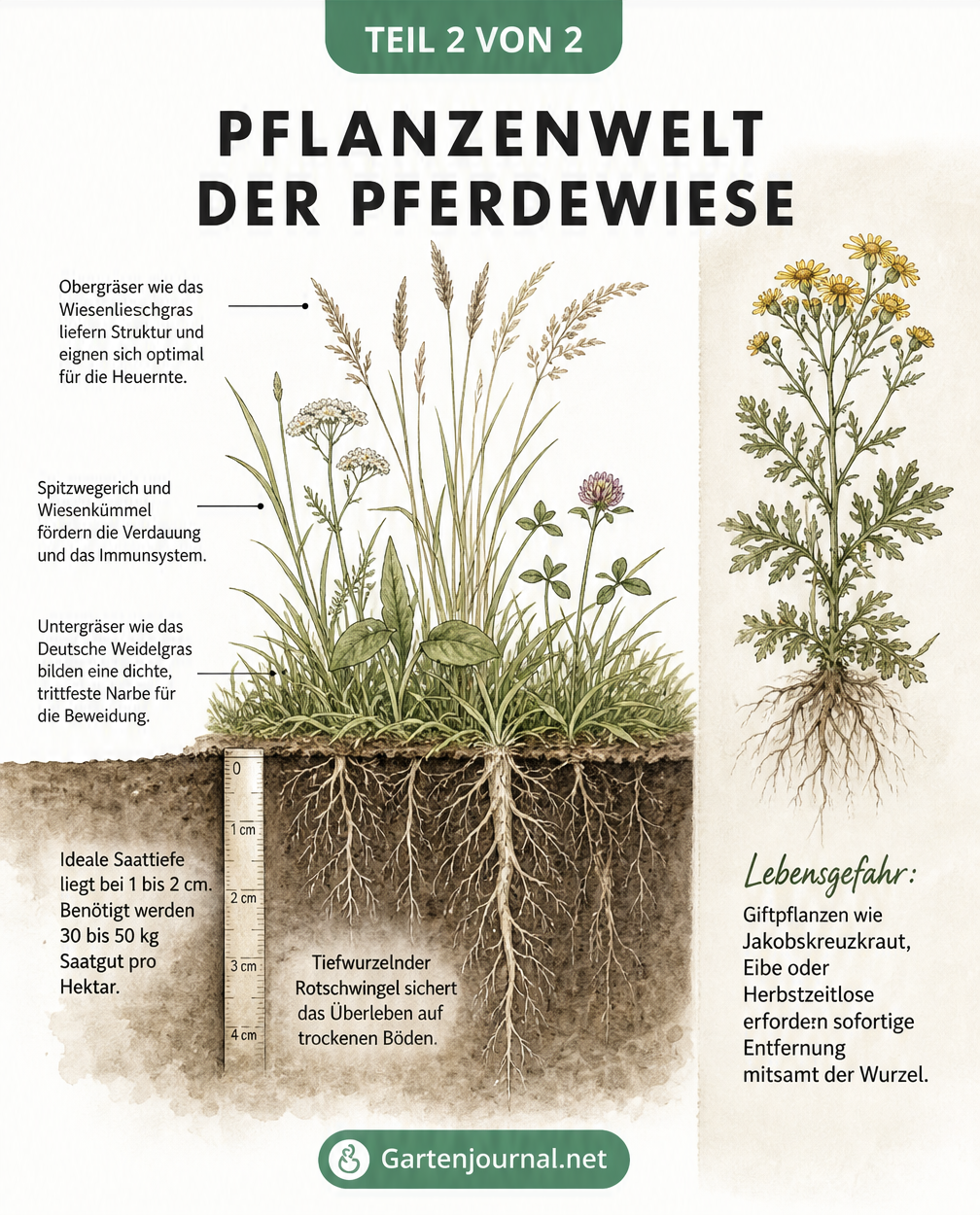 Botanischer Querschnitt einer Pferdewiese mit Untergräsern, Kräutern, Obergräsern und giftigem Jakobskreuzkraut