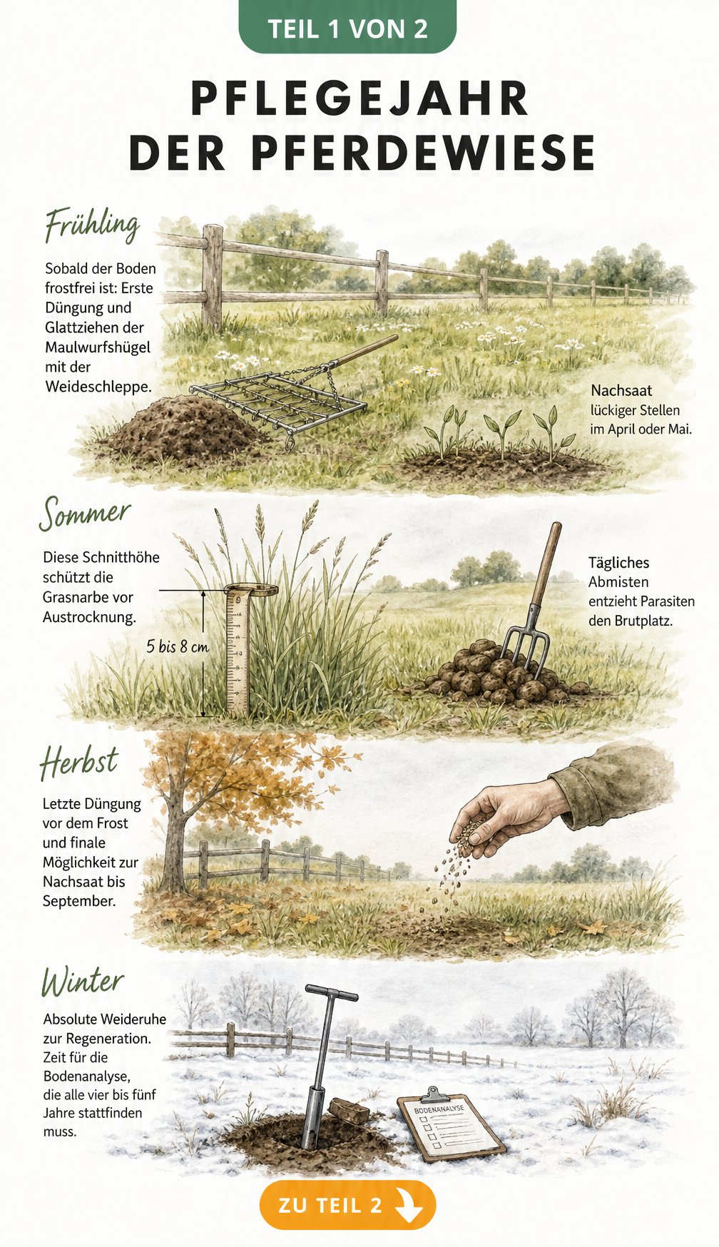 Illustration einer Pferdewiese im Jahresverlauf mit Tipps zu Düngung, Nachsaat, Schnitthöhe und Weideruhe