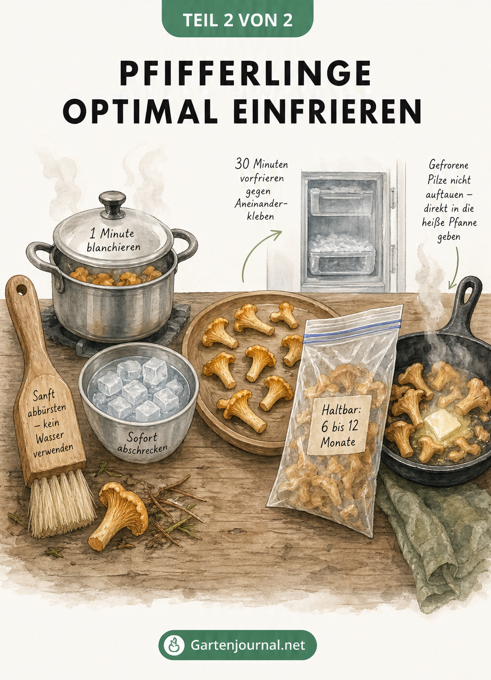 Illustration der Arbeitsschritte zum Einfrieren von Pfifferlingen: Trocken putzen, blanchieren, abschrecken, vorfrieren und in der heißen Pfanne zubereiten.