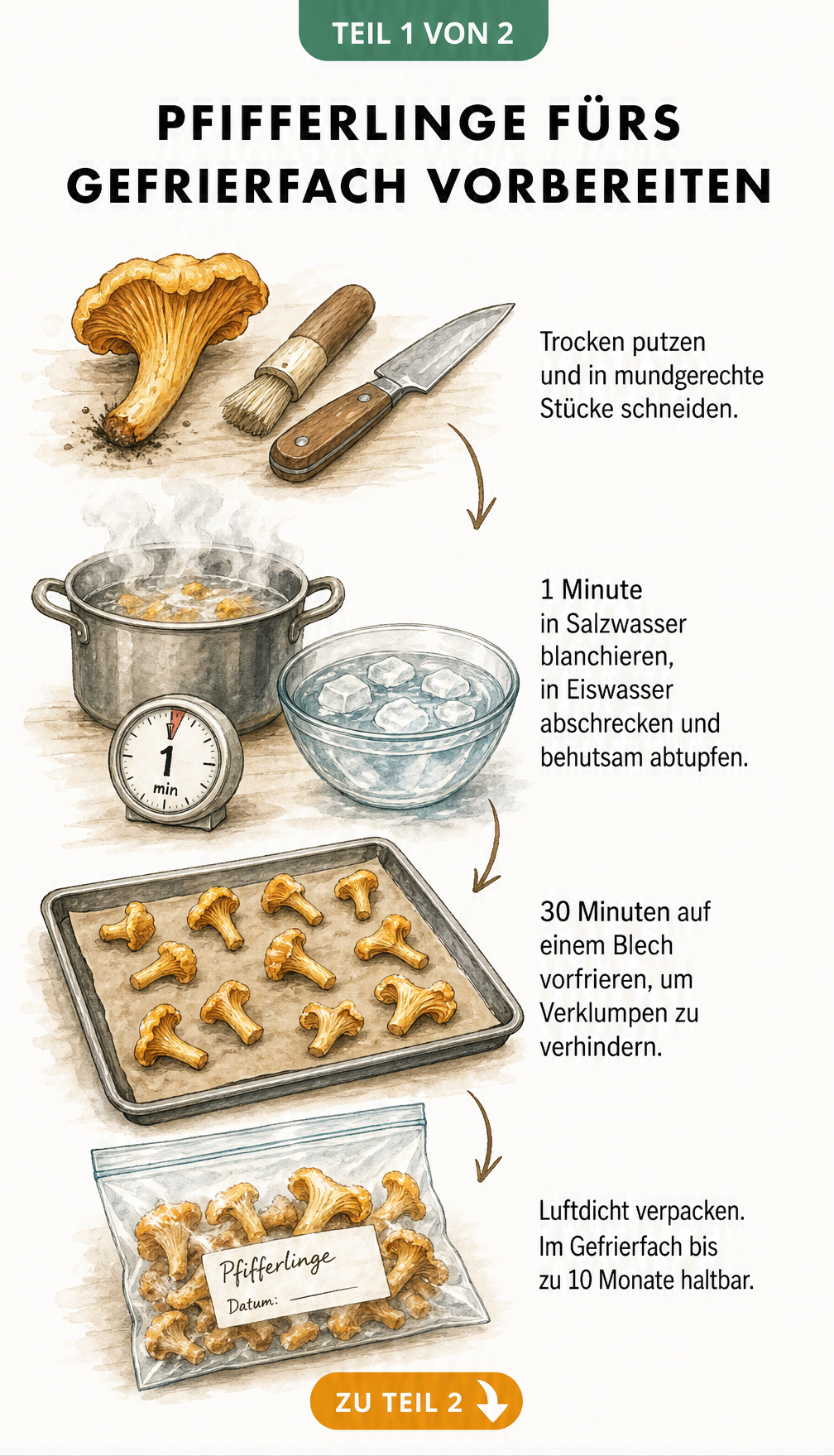Illustration der vier Schritte zum Vorbereiten von Pfifferlingen für das Gefrierfach: Putzen, Blanchieren, Vorfrieren und luftdicht Verpacken.