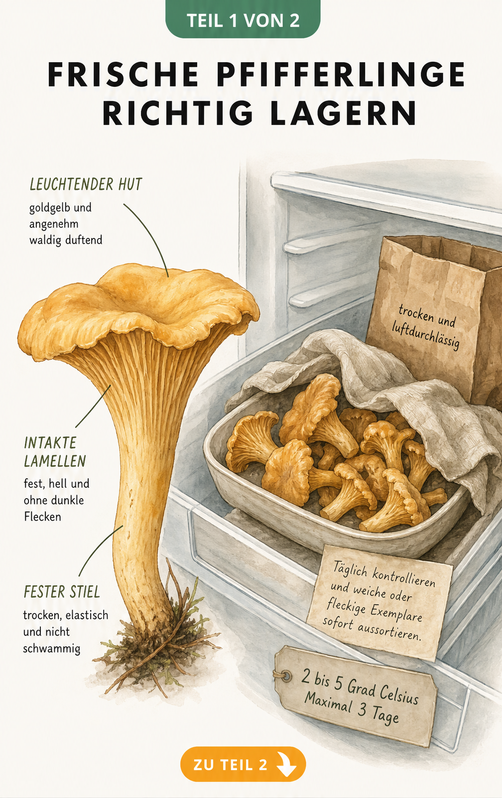 Illustration eines frischen Pfifferlings mit Hinweisen zu Farbe, Geruch und Konsistenz sowie einer Kühlschrankschublade mit Pfifferlingen in einer Schale unter...