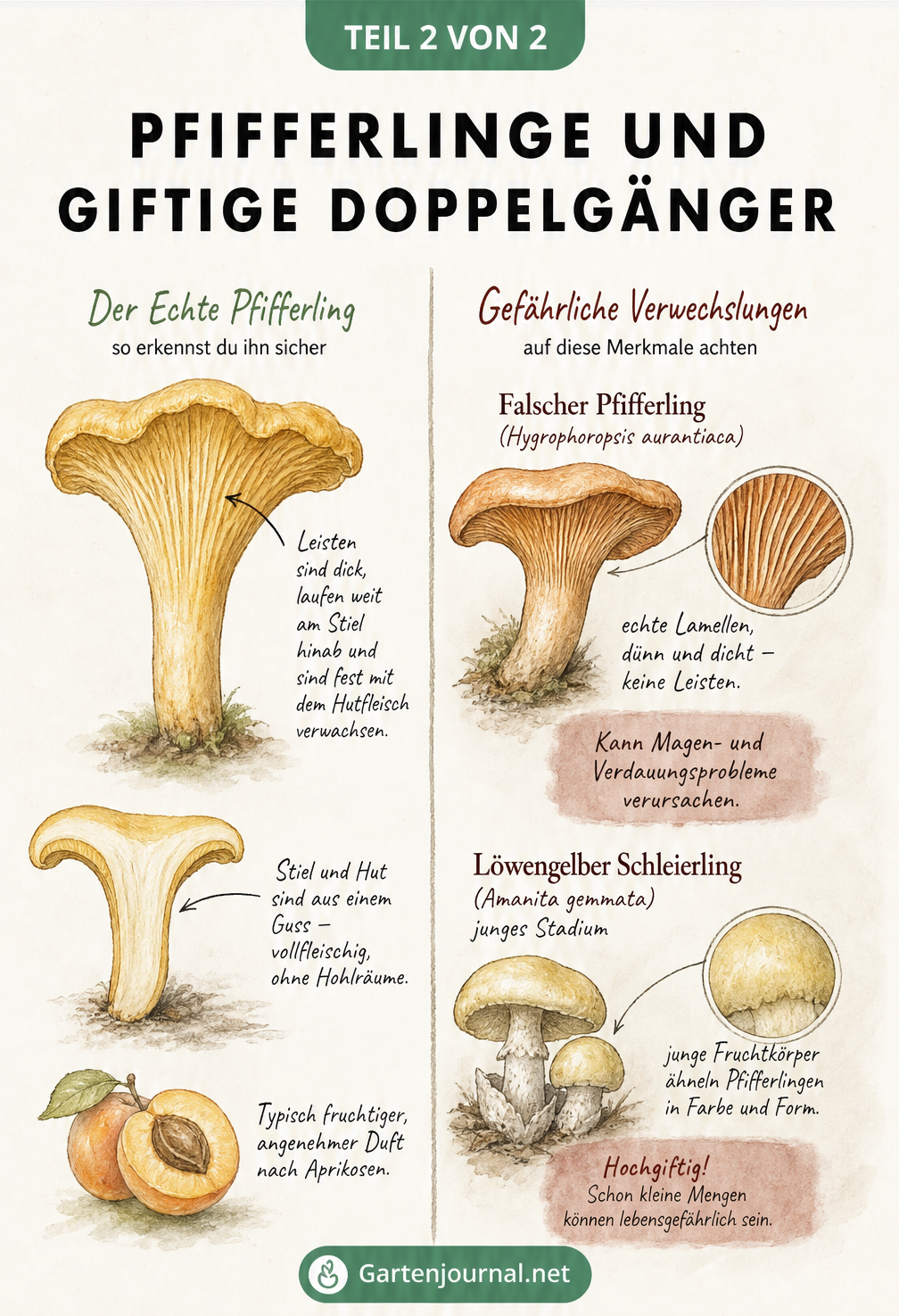 Gegenüberstellung von Echtem Pfifferling mit Leisten und giftigen Doppelgängern wie Falscher Pfifferling und Löwengelber Schleierling