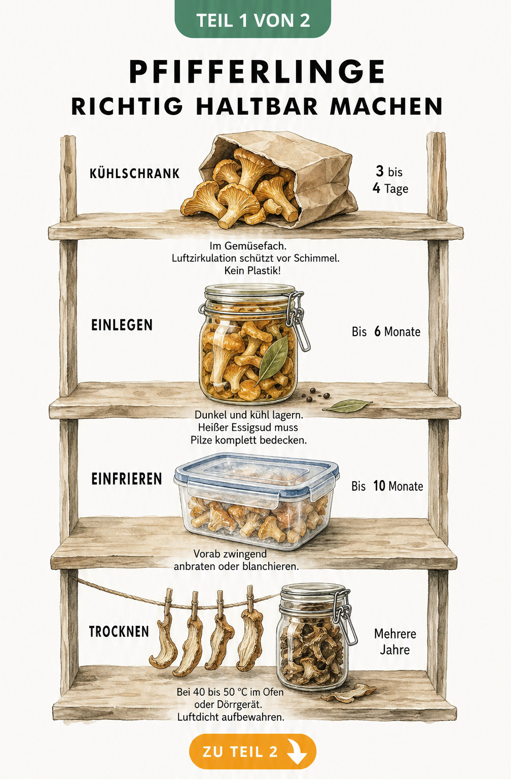 Illustration eines Küchenregals mit vier Ebenen, die Methoden zur Haltbarmachung von Pfifferlingen zeigen: Kühlschrank, Einlegen, Einfrieren und Trocknen.
