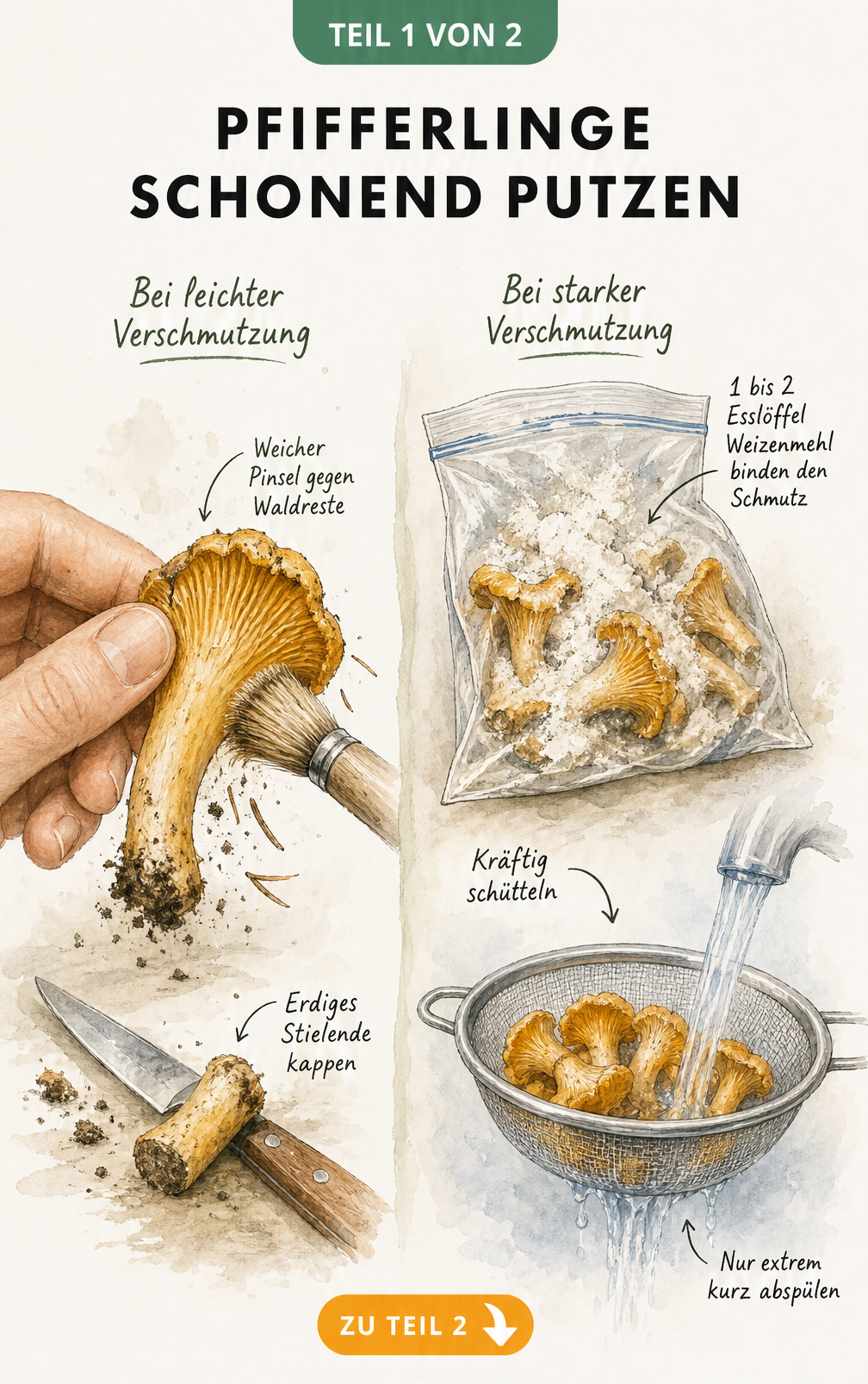 Illustration zur schonenden Reinigung von Pfifferlingen mit Pinsel und dem Mehltrick im Sieb