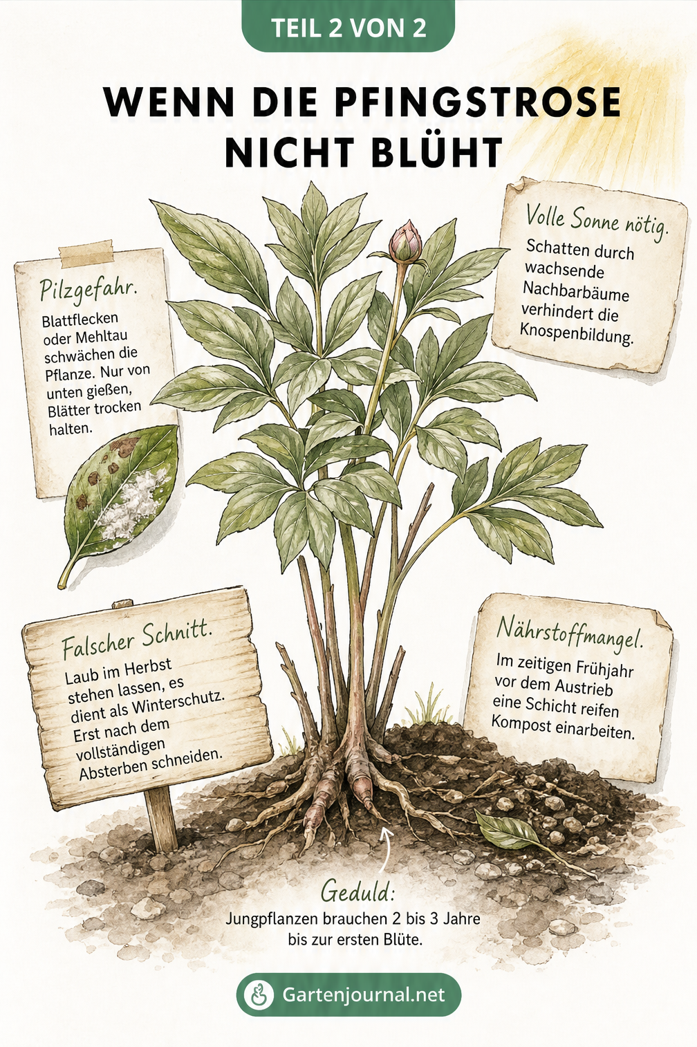Illustration einer Pfingstrose ohne Blüten mit Hinweisen zu Pflegefehlern wie Lichtmangel, Pilzbefall und falschem Schnitt