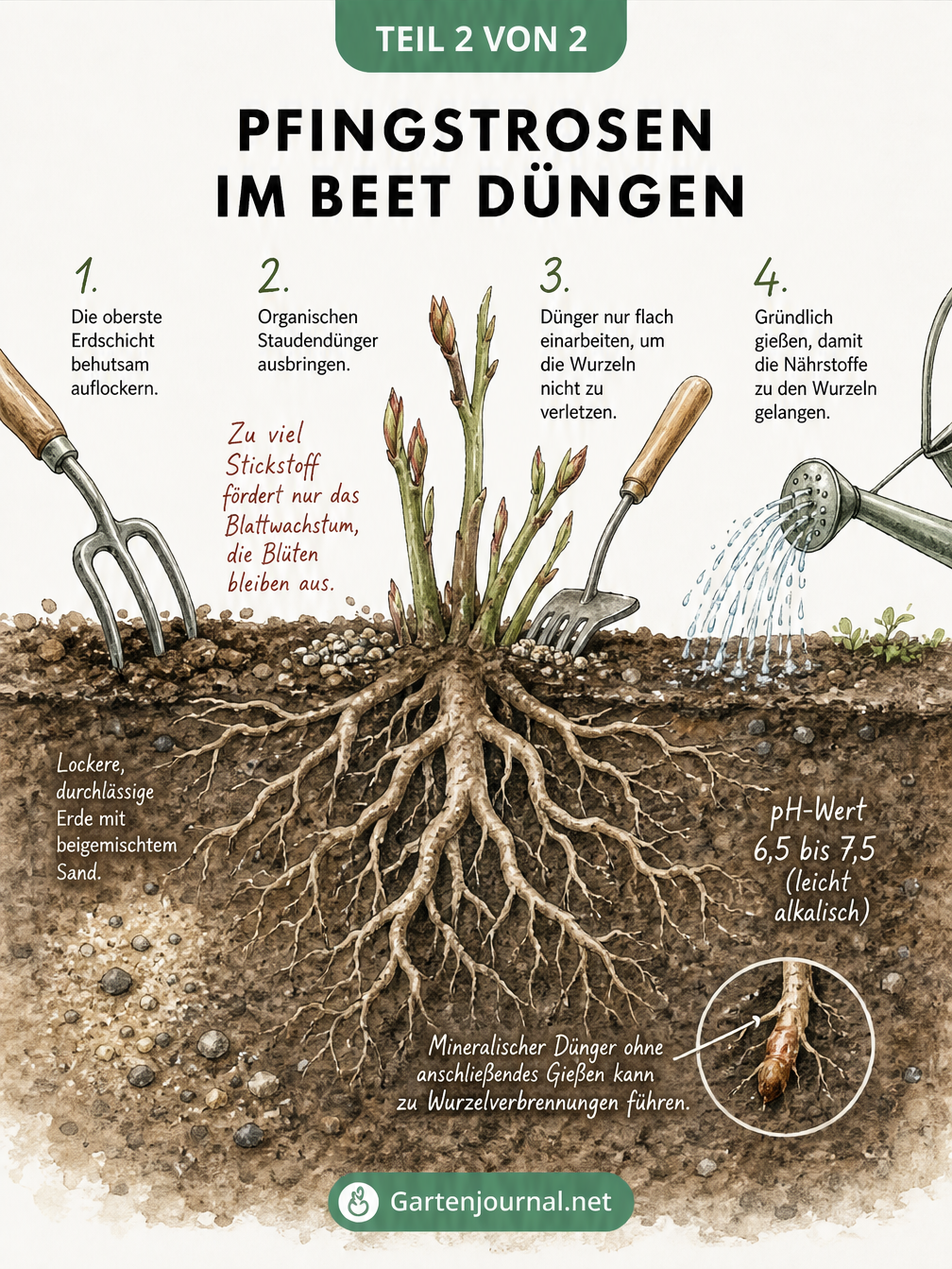 Illustration eines Erdschnitts, der die Wurzeln einer Pfingstrose, den optimalen pH-Wert und das Einarbeiten von Dünger zeigt