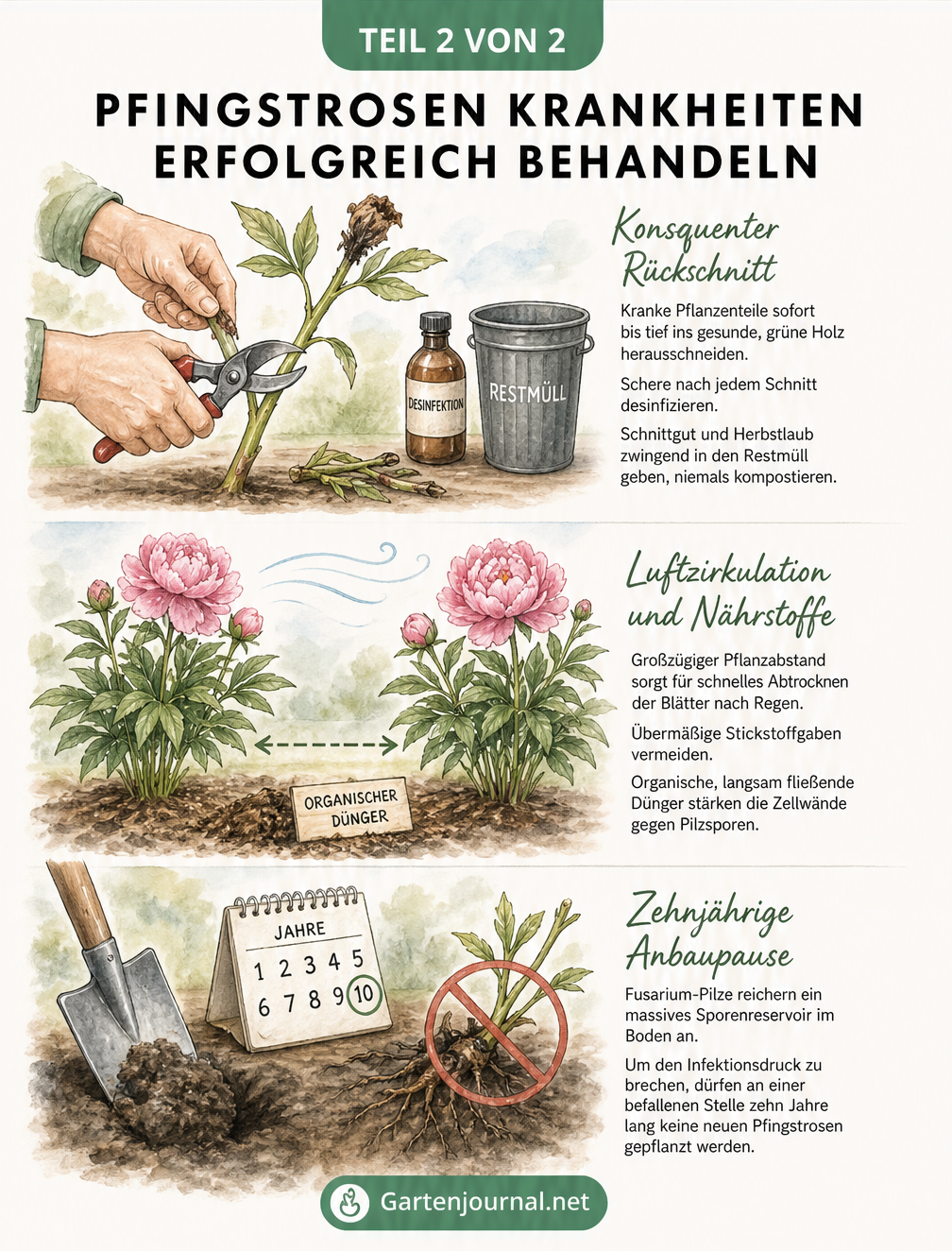 Zeichnung zur Behandlung von Pfingstrosen-Krankheiten: Rückschnitt ins gesunde Holz, luftiger Standort und zehnjährige Anbaupause bei Fusarium
