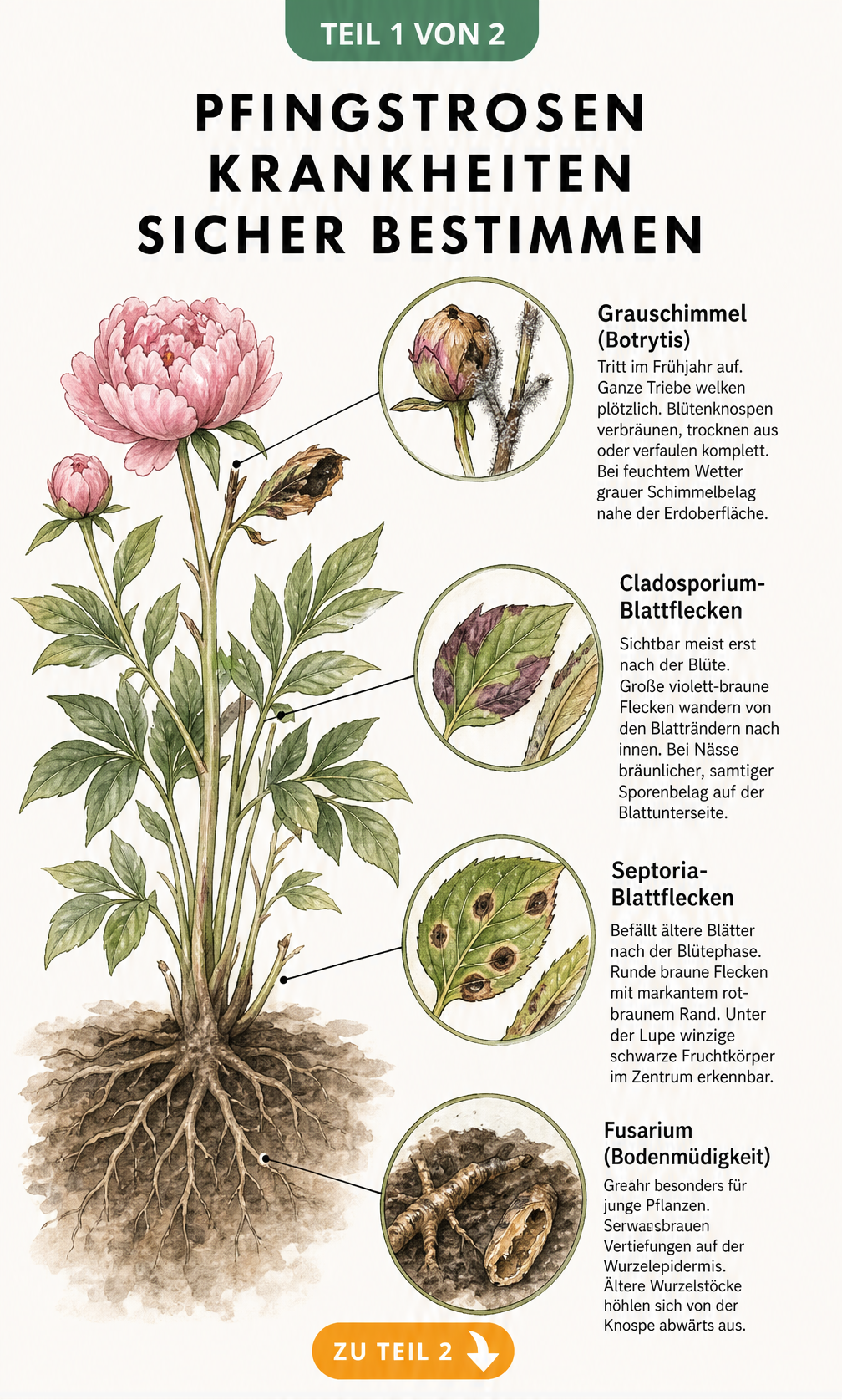 Botanische Illustration einer Pfingstrose mit Lupen-Ausschnitten, die Symptome von Grauschimmel, Cladosporium, Septoria und Fusarium zeigen