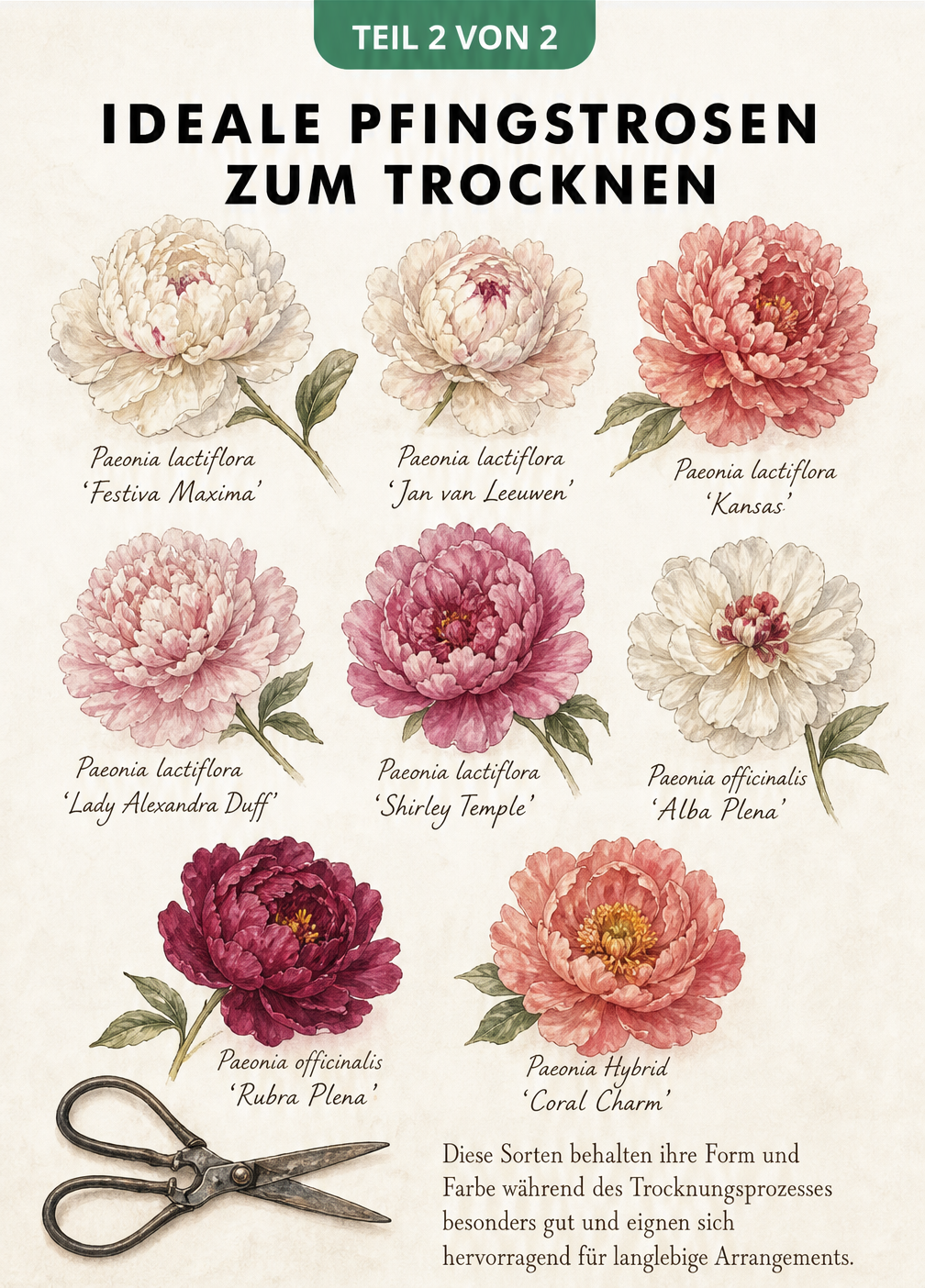 Botanische Illustration von acht Pfingstrosensorten, die sich ideal zum Trocknen eignen