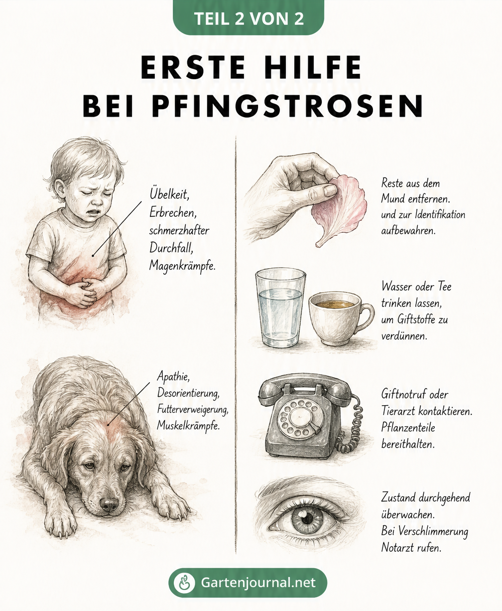 Übersicht der Vergiftungssymptome bei Kindern und Hunden durch Pfingstrosen sowie vier Erste-Hilfe-Maßnahmen