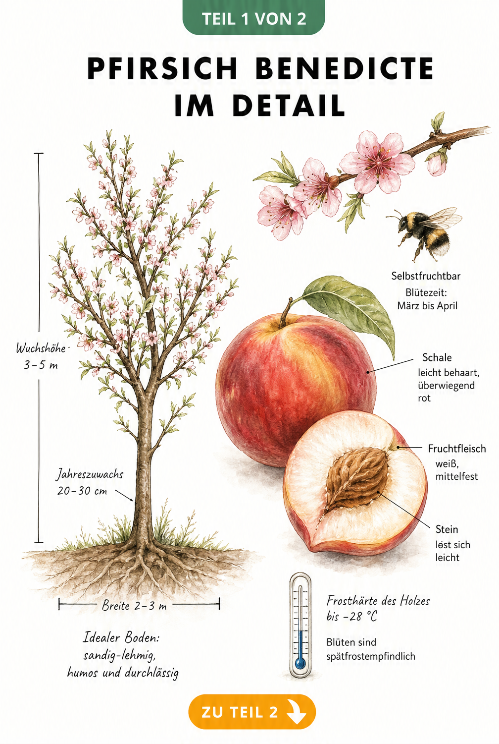 Illustration des Pfirsichbaums Benedicte mit Wuchshöhe, Bodenansprüchen und Detailansicht der Frucht