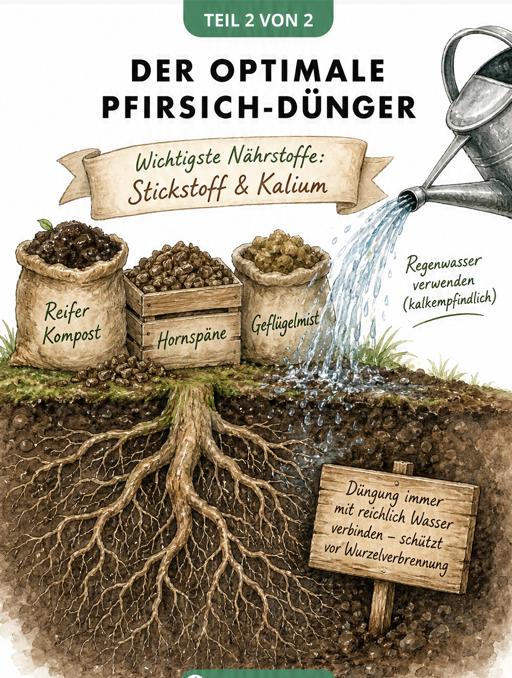 Querschnitt durch den Gartenboden mit Pfirsichwurzeln, der organische Dünger wie Kompost, Hornspäne und Geflügelmist sowie das Gießen mit Regenwasser zeigt