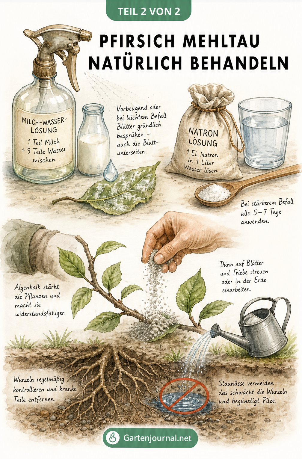 Illustration von Hausmitteln gegen Mehltau wie Milch-Wasser-Lösung, Natron und Algenkalk