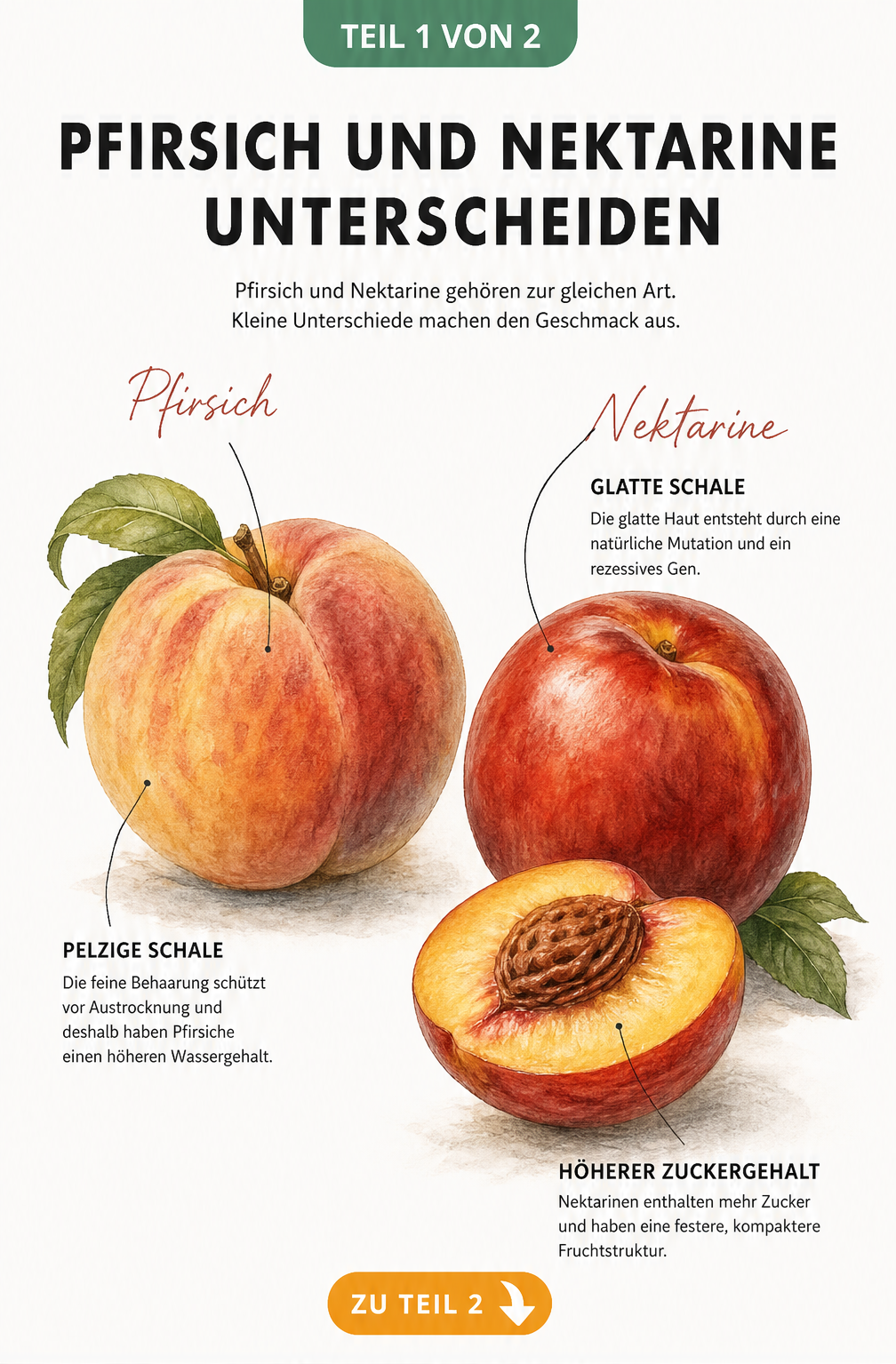 Botanische Illustration von Pfirsich und Nektarine mit Erklärungen zu Schale, Wassergehalt und Zuckergehalt