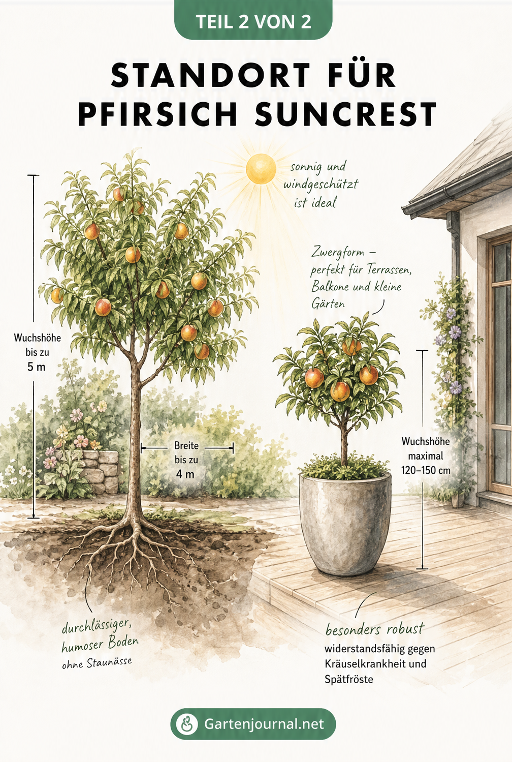 Illustration des Pfirsichbaums Suncrest im Gartenboden und als Zwergform im Pflanzkübel auf der Terrasse