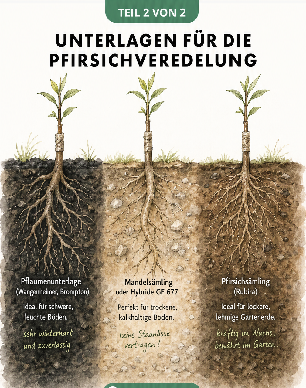 Illustration verschiedener Unterlagen für die Pfirsichveredelung in unterschiedlichen Bodenzonen: Pflaume, Mandel und Pfirsichsämling