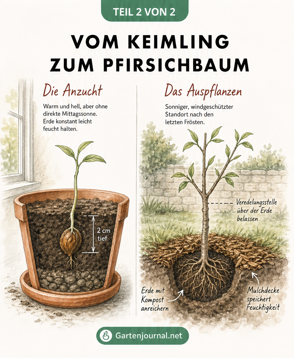 Illustration zur Anzucht eines Pfirsichkeimlings im Topf und dem späteren Auspflanzen in den Garten