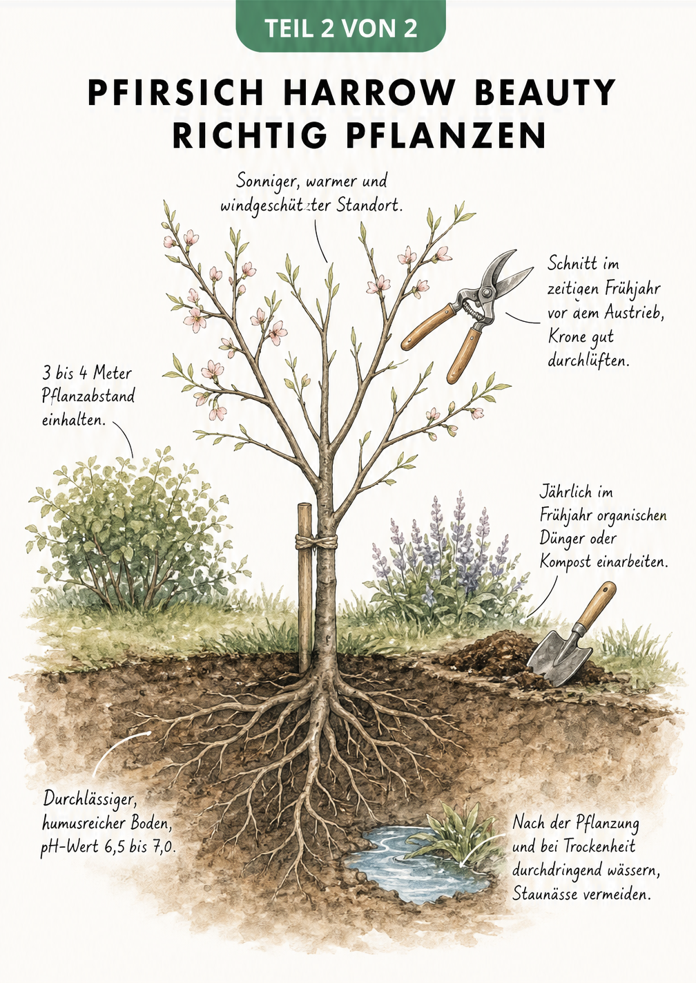 Querschnitt durch den Gartenboden mit einem frisch gepflanzten Pfirsichbaum und Pflegetipps