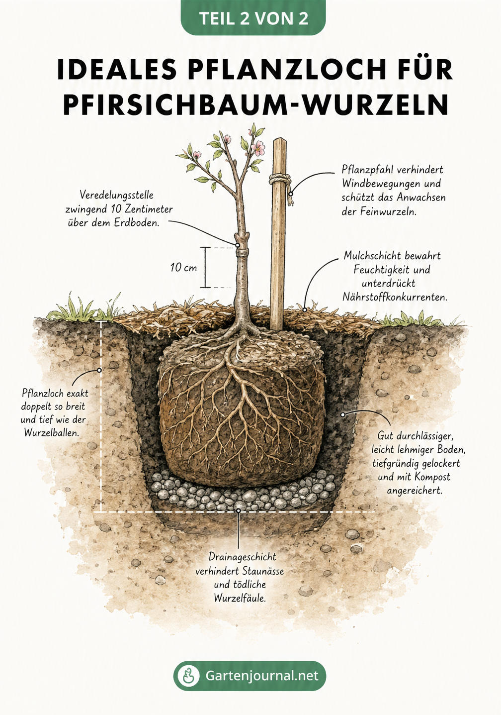 Querschnitt eines frisch gepflanzten Pfirsichbaums mit Wurzelballen, Pflanzloch und Drainageschicht
