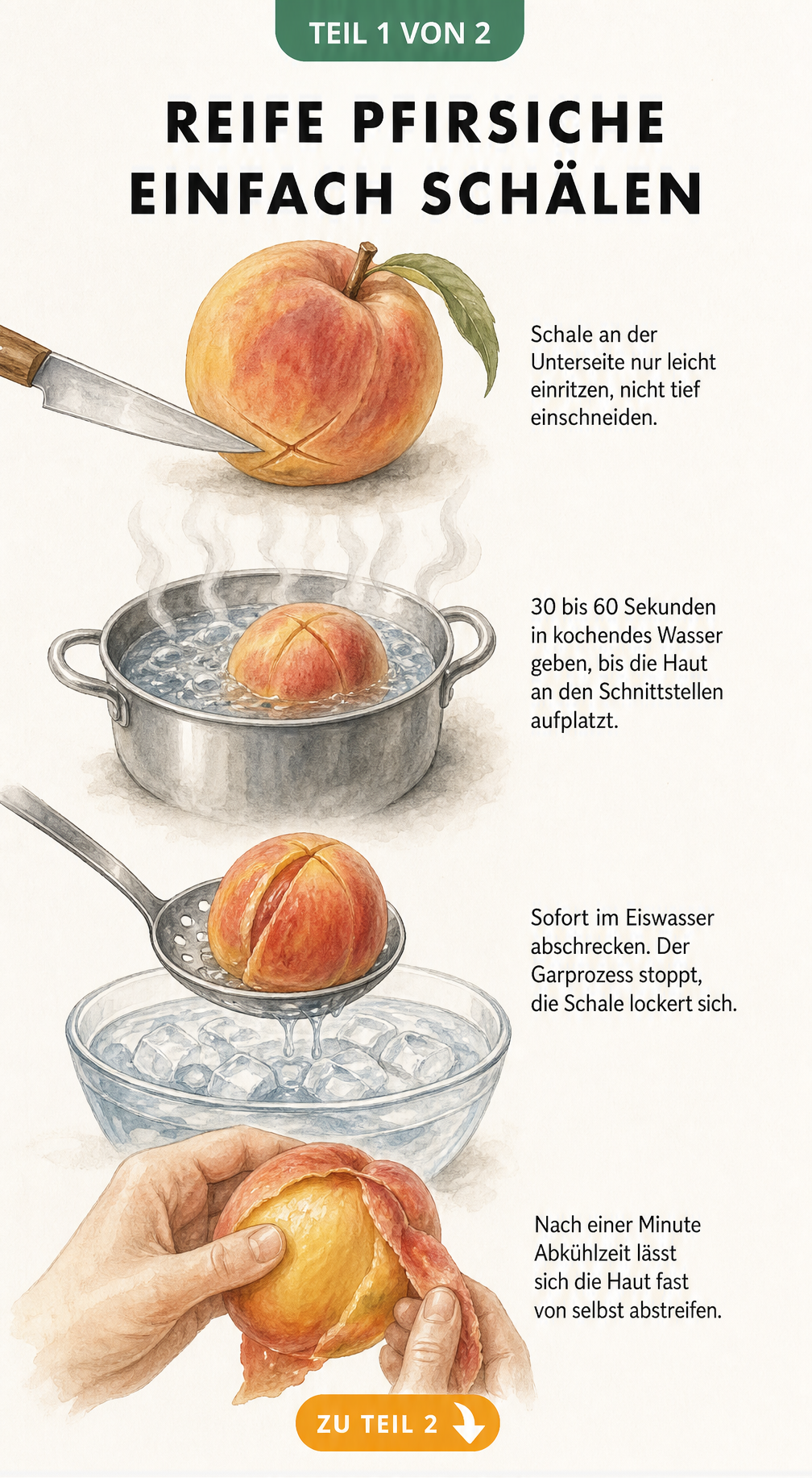 Illustration eines Pfirsichs, der an der Unterseite eingeritzt, in kochendem Wasser blanchiert und in Eiswasser abgeschreckt wird, um die Haut abzuziehen.