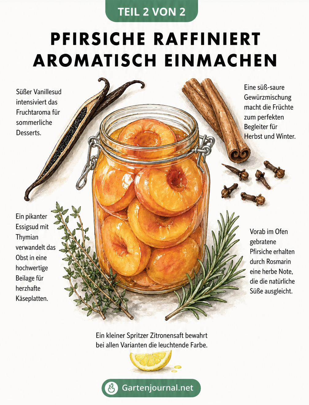 Illustration eines Einmachglases mit Pfirsichen, umgeben von Vanille, Zimt, Thymian und Rosmarin