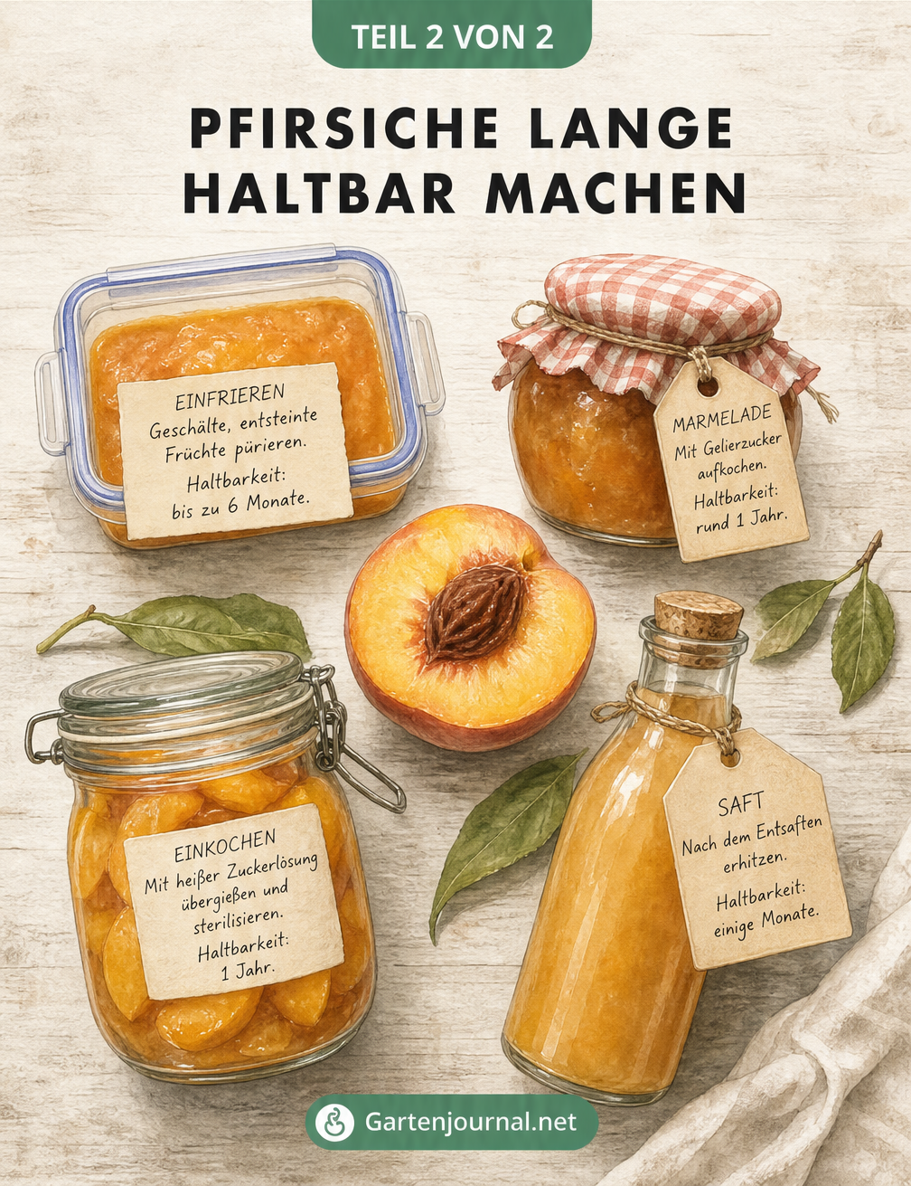 Illustration verschiedener Methoden zur Haltbarmachung von Pfirsichen wie Einfrieren, Einkochen und Entsaften