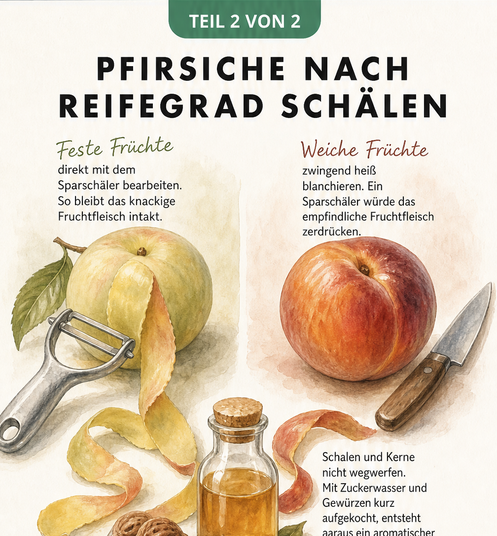 Aquarell-Illustration zweier Pfirsiche: Ein fester Pfirsich wird mit einem Sparschäler geschält, ein weicher Pfirsich mit einem Messer. Daneben eine Flasche...
