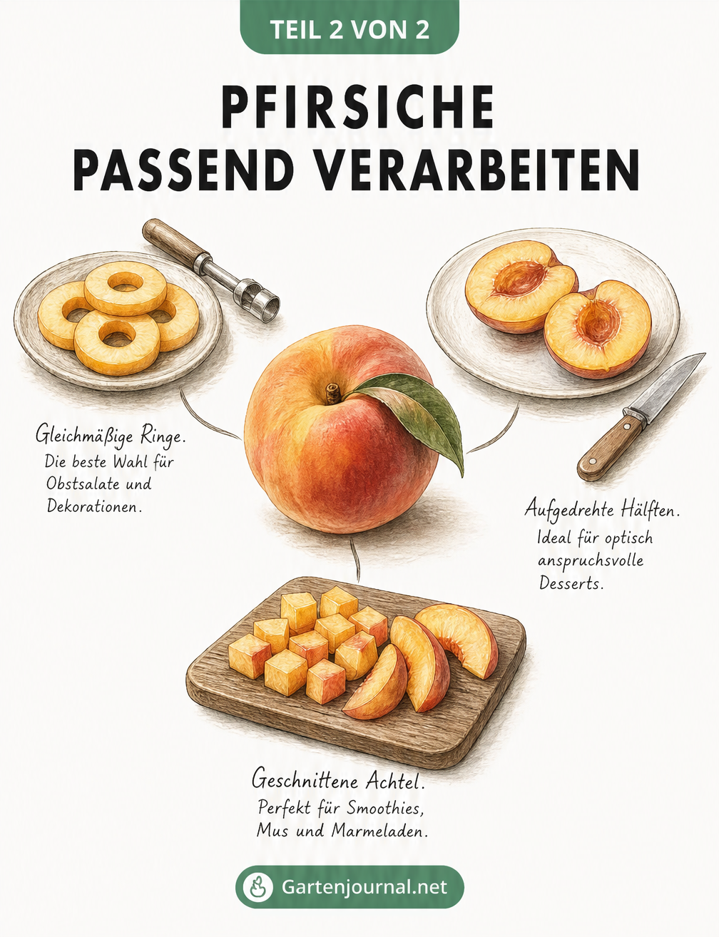 Zeichnung verschiedener Schnittformen von Pfirsichen für Desserts, Smoothies und Obstsalate