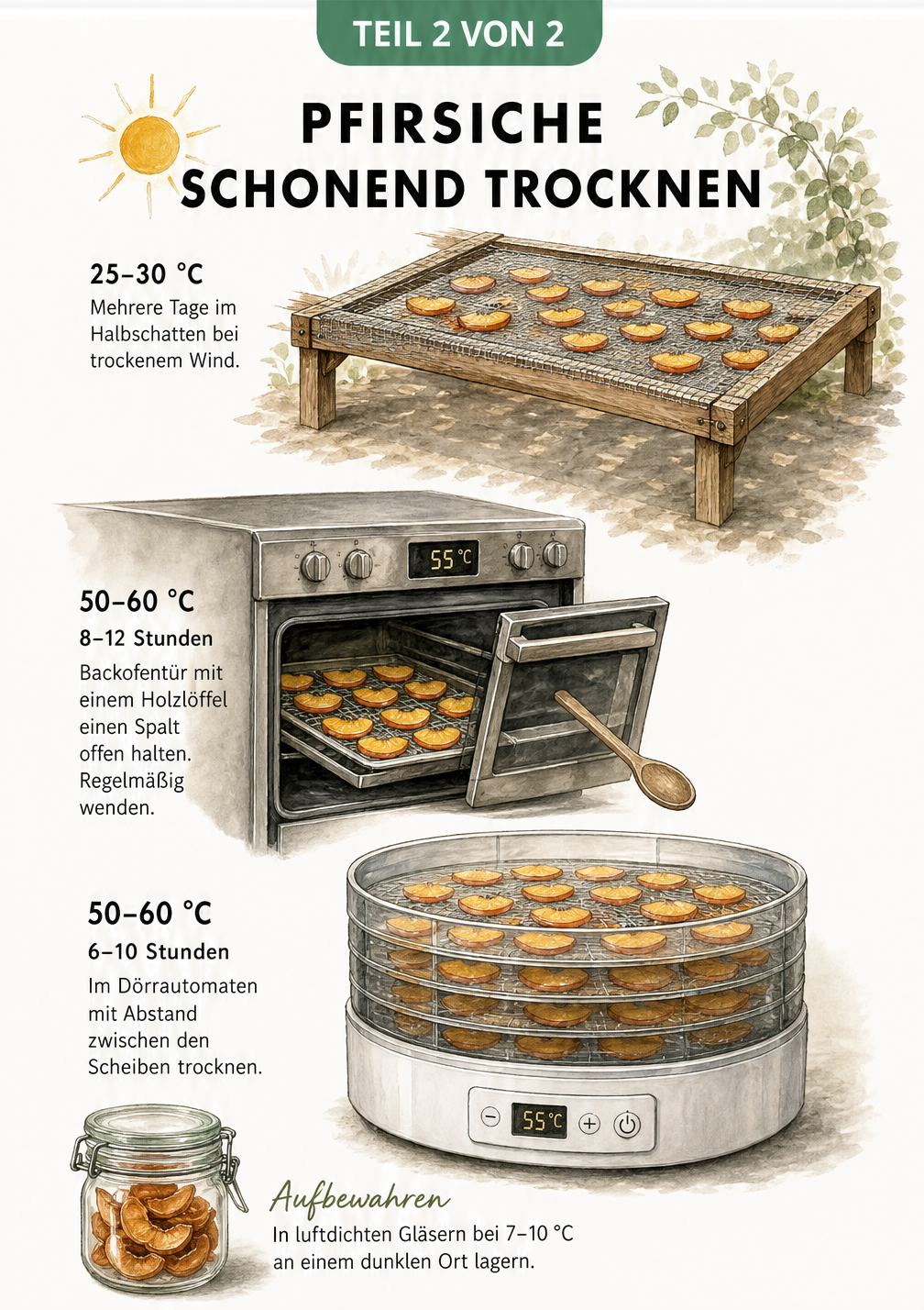 Drei Methoden zum Trocknen von Pfirsichen: an der Luft, im Backofen und im Dörrautomaten