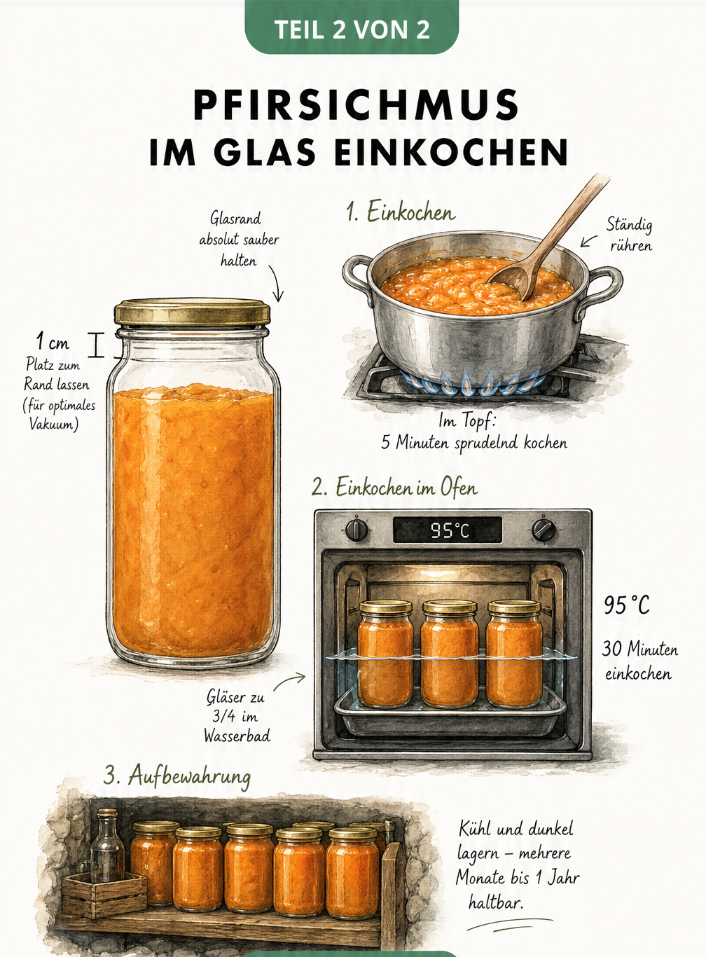 Schnittzeichnung zum Abfüllen und Einkochen von Pfirsichmus im Topf und Backofen