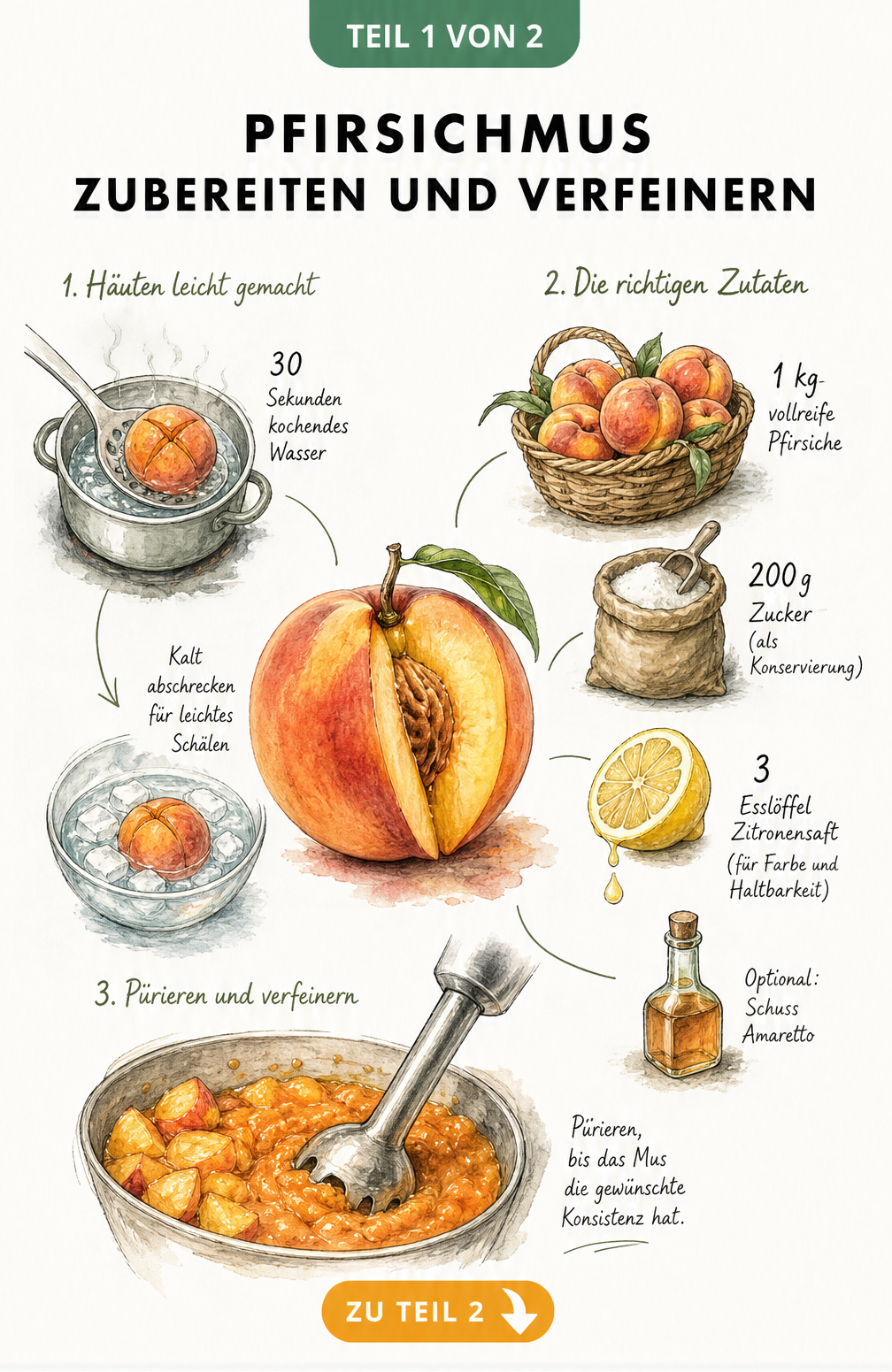 Illustration zur Vorbereitung von Pfirsichmus mit Zutatenmengen und Pürierstab