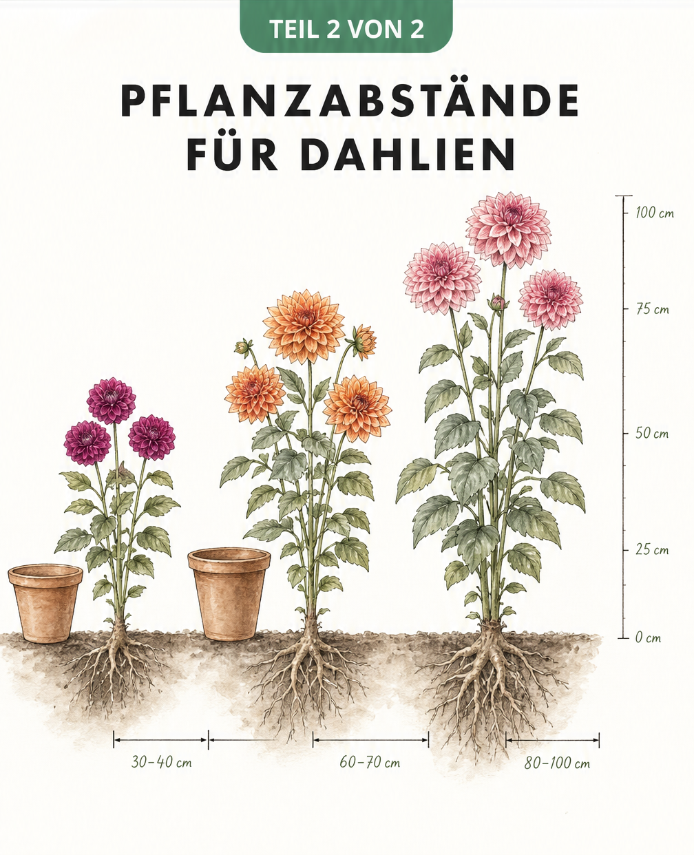 Illustration von drei Dahlienpflanzen unterschiedlicher Höhe mit den passenden Pflanzabständen