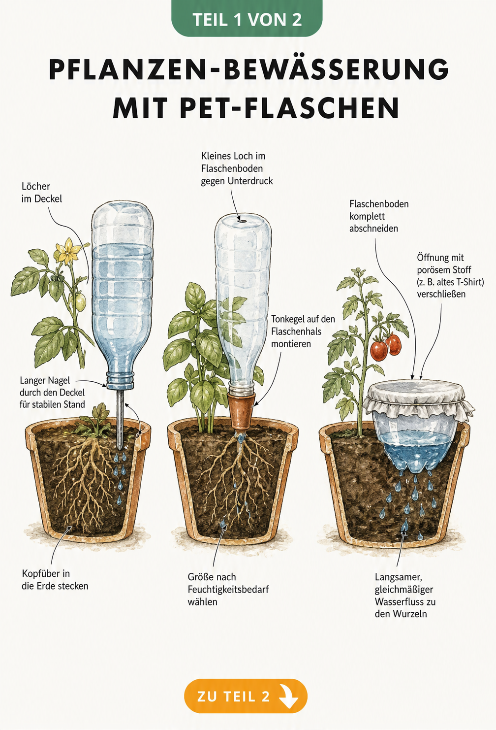 Illustration von drei Pflanztöpfen im Querschnitt, die verschiedene Methoden der Bewässerung mit umgedrehten PET-Flaschen zeigen.
