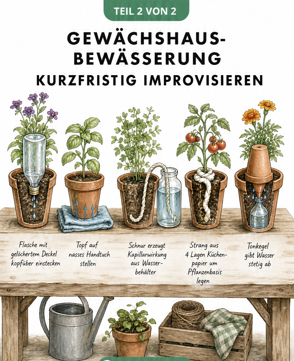 Fünf Topfpflanzen auf einem Holztisch zeigen verschiedene improvisierte Bewässerungsmethoden wie umgedrehte Flasche, nasses Handtuch und Tonkegel