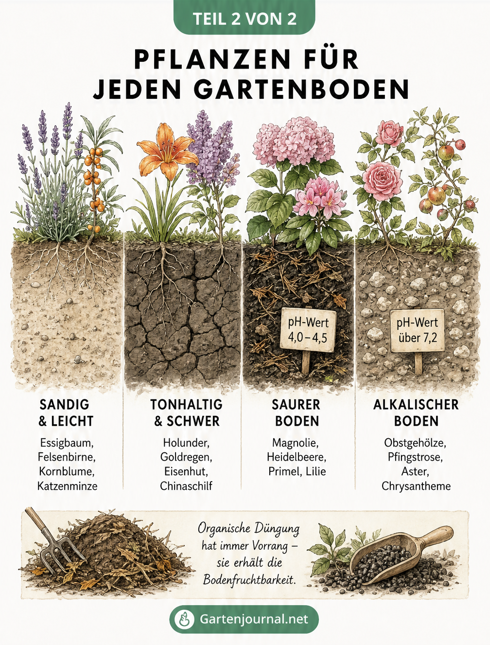 Querschnitt durch vier Gartenbeete mit sandigem, tonhaltigem, saurem und alkalischem Boden sowie passenden Pflanzen