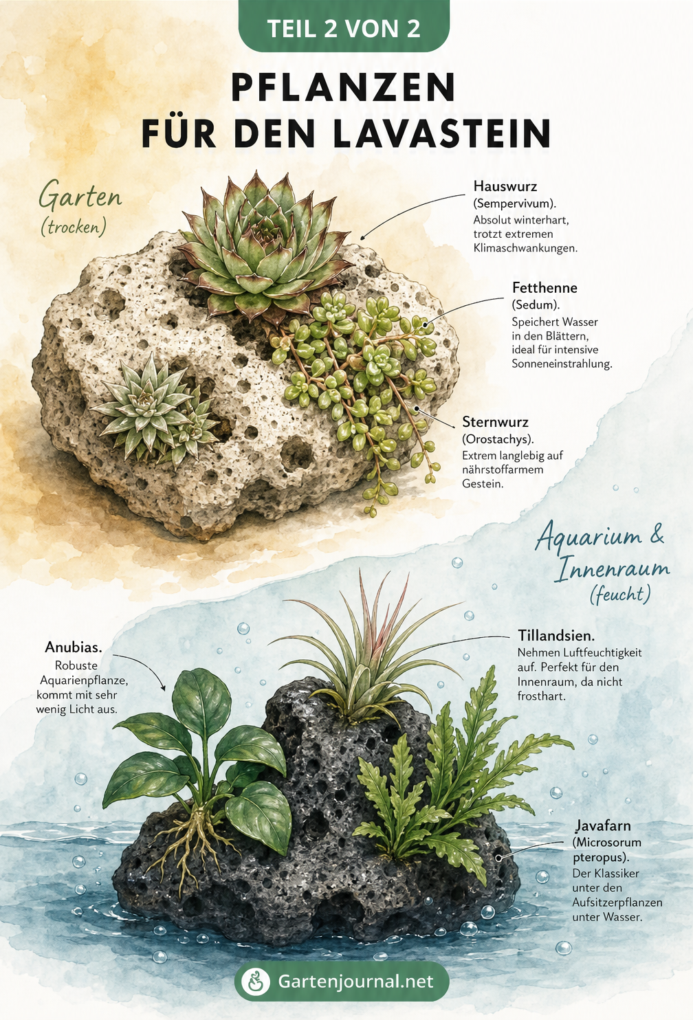Aquarell-Illustration von Pflanzen für Lavasteine in Garten und Aquarium