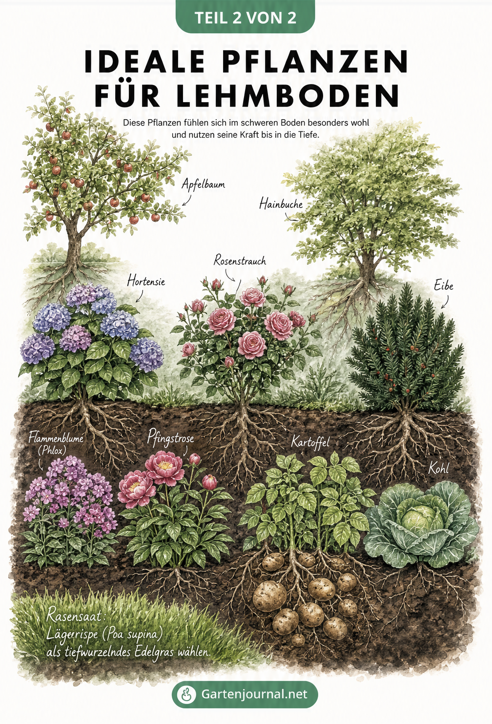 Botanische Illustration eines Gartens auf Lehmboden mit Apfelbaum, Hainbuche, Hortensie, Rosen, Phlox, Pfingstrose, Kartoffeln und Kohl.
